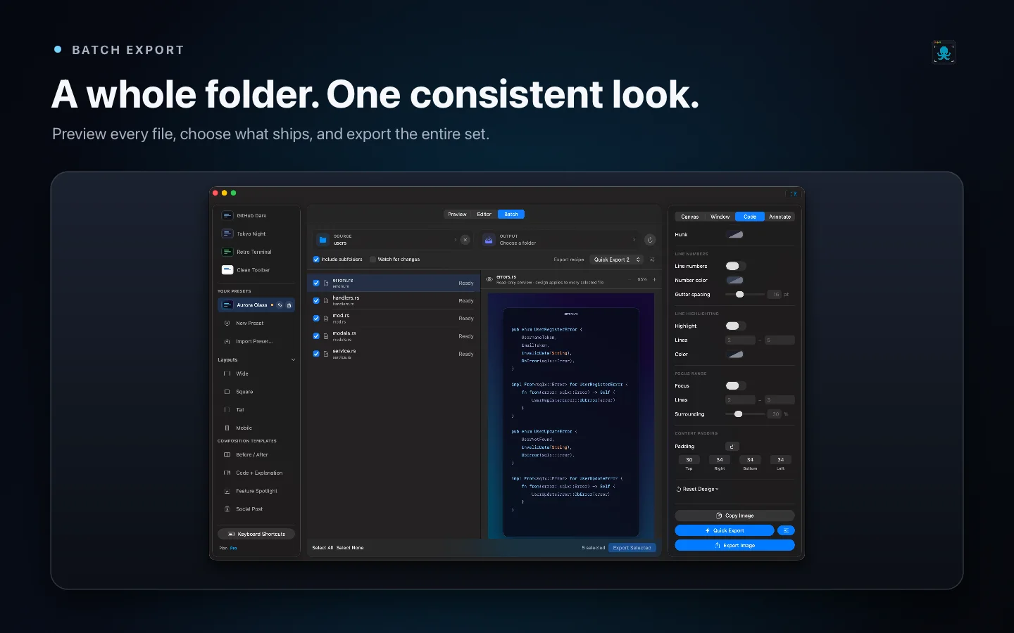 Oktoshot batch export turning a folder of source files into images