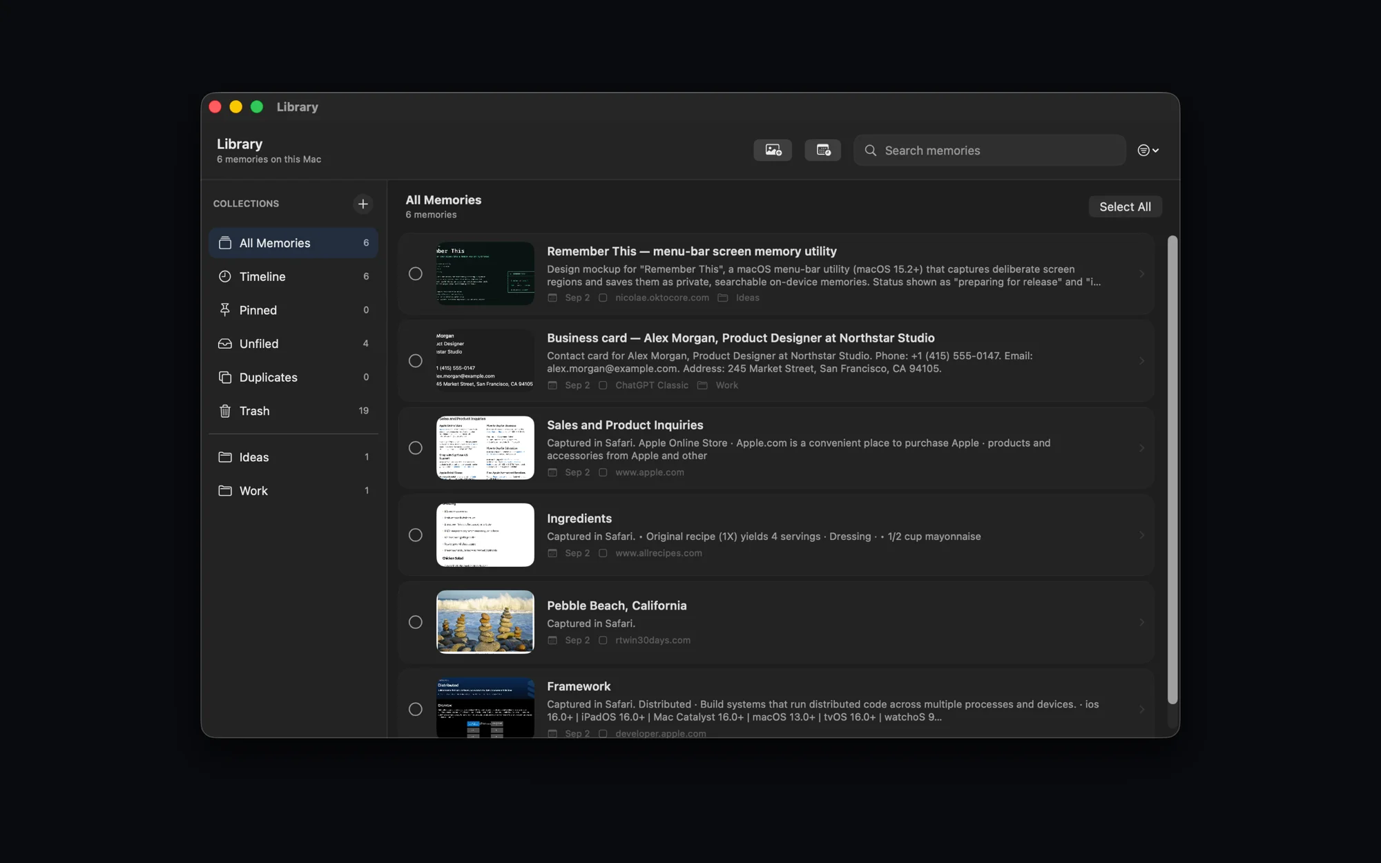 Remember This library window listing saved memories with titles, summaries and sources