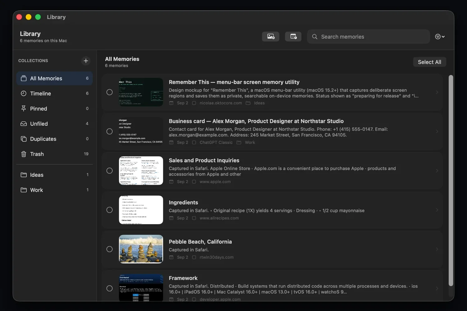 Remember This library window listing saved memories with titles, summaries and sources